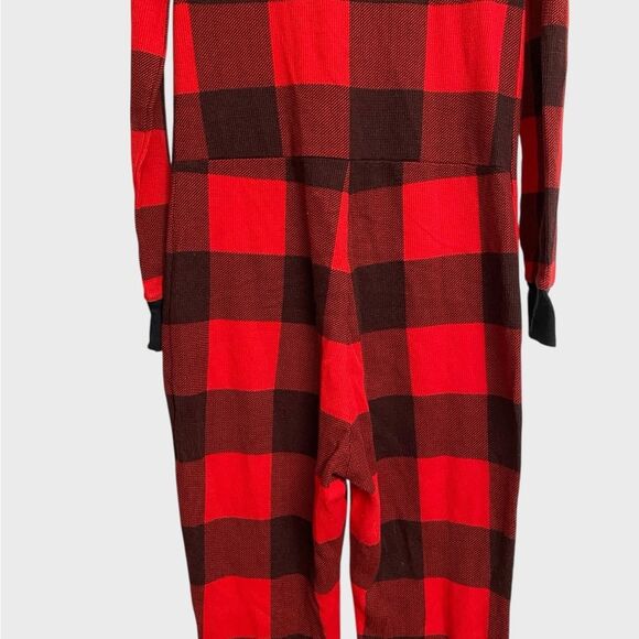 Old Navy Thermal Knit One-Piece Pajama Women's Sz L Red Black Plaid Cozy Buttons - Picture 14 of 16